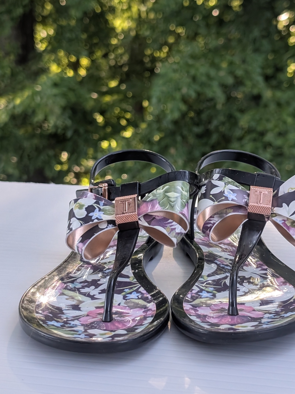 Ted Baker Black Floral Bow T-Strap Sandals with Pink & Green Accents